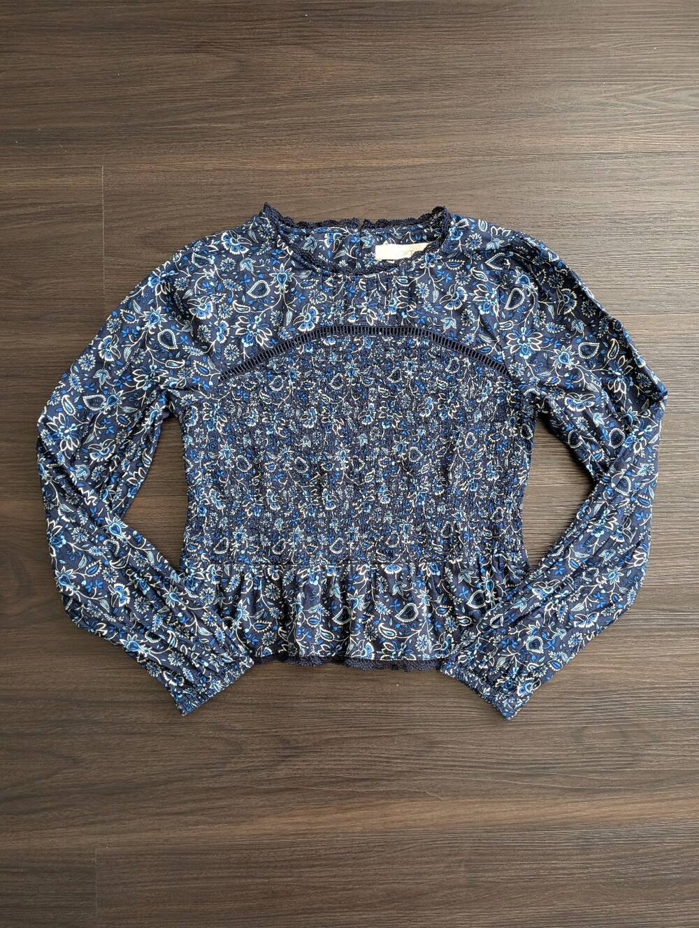 LOFT 100% Cotton Navy Long Sleeve Top Prairie Cottage Fall Smocked Peplum Small